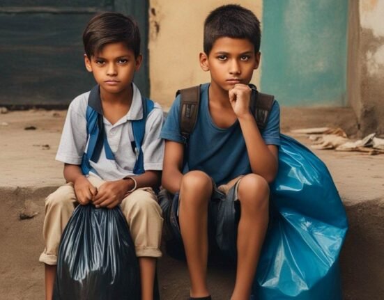 Two children sitting with garbage bag and wearing school bags